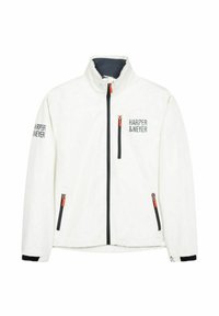 Chaqueta blanca con cuello alto, cremallera negra y detalles en naranja. Presenta dos bolsillos con cremallera y el texto "HARPER & NEYER" en las mangas.