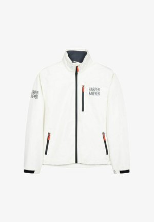 Veste blanche avec col montant, fermeture éclair noire et accents orange. Dispose de deux poches zippées et du texte "HARPER & NEYER" sur les manches.