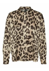 Blusa in stampa leopardata beige e marrone, con colletto classico, chiusura a bottoni e maniche lunghe realizzata in tessuto morbido e setoso.