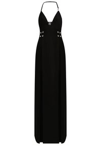 Robe de soirée noire à col halter avec un profond décolleté en V, détails de boutons argentés à la taille et une longue jupe droite et fluide.
