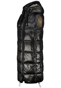 Doudoune sans manches matelassée noire brillante avec capuche, fermeture éclair à l’avant, poches latérales zippées et cordons réglables à l’ourlet.