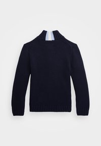 Marinblå stickad tröja med hög krage, med ljusblå och vita ränder på baksidan, ribbade ärmslut och nederkant.