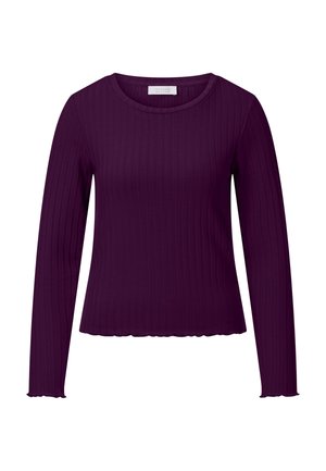 Top met lange mouwen van geribd materiaal in diep paars. Heeft een ronde halslijn en een golvende zoom. Zacht materiaal met een aansluitende pasvorm.