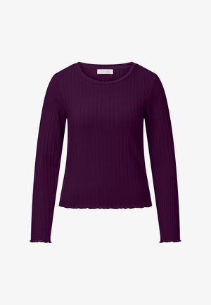 Top met lange mouwen van geribd materiaal in diep paars. Heeft een ronde halslijn en een golvende zoom. Zacht materiaal met een aansluitende pasvorm.