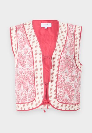 Veste sans manches matelassée avec motifs floraux et cachemire rose et blanc, devant ouvert avec fermetures à nouer, et doublure rose.