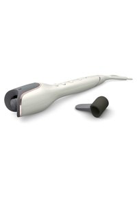 Haarstylingset in het wit met grijze accenten, met een gebogen cilinder, bedieningsknoppen en een aparte zwarte schuimrolleraccessoire.