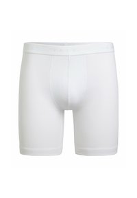 Weiße Baumwoll-Boxershorts mit glatter Textur, ausgestattet mit einem weichen Bund und eingeprägtem Branding. Klassische kurze Länge und figurnaher Schnitt.