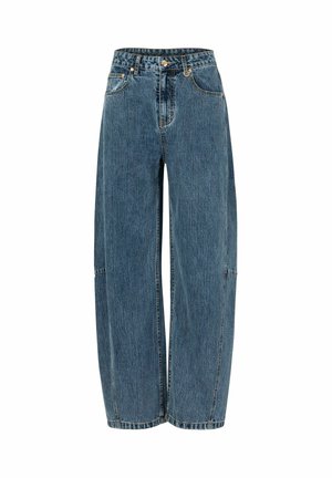 Blue wide-leg denim jeans featuring a high waist, contrast stitching, and five-pocket design with a zipper and button closure at the front.