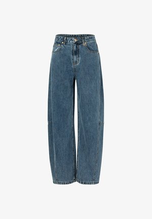 Široke kavbojke iz modrega jeansa z visokim pasom, kontrastnim šivanjem in petimi žepi, z zadrgo in gumbom spredaj.