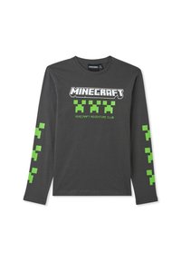Koszula z długim rękawem w ciemnoszarym kolorze, z logiem "Minecraft" w białych i zielonych wzorach w klocki na rękawach. Klasyczny dekolt typu crew neck.