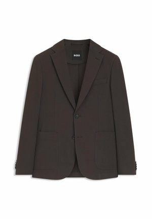 Blazer pour homme marron foncé, à simple boutonnage, avec revers crantés, deux poches plaquées à l'avant, une poche poitrine passepoilée et deux boutons.