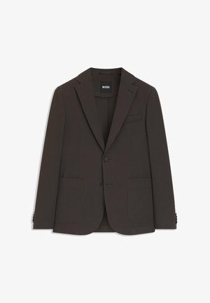 Blazer pour homme marron foncé, à simple boutonnage, avec revers crantés, deux poches plaquées à l'avant, une poche poitrine passepoilée et deux boutons.