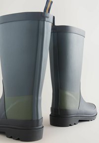 Une paire de bottes de pluie grises en caoutchouc hautes avec des semelles noires et une languette au sommet, présentée sous un angle bas arrière sur un fond blanc.