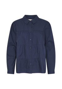 Marineblaues, langärmliges Button-Up-Hemd aus Baumwolle mit einem gestuften Design und Raffung sowie einem klassischen Kragen.