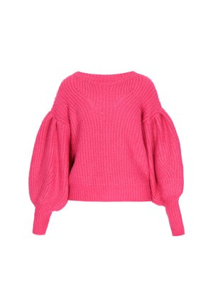 Rúžový pletený sveter s textúrovaným, hrubým dizajnom. Má okrúhly výstrih a napučiavané rukávy. Hlavné tvarovanie zvyšujú rebrované manžety a lem.