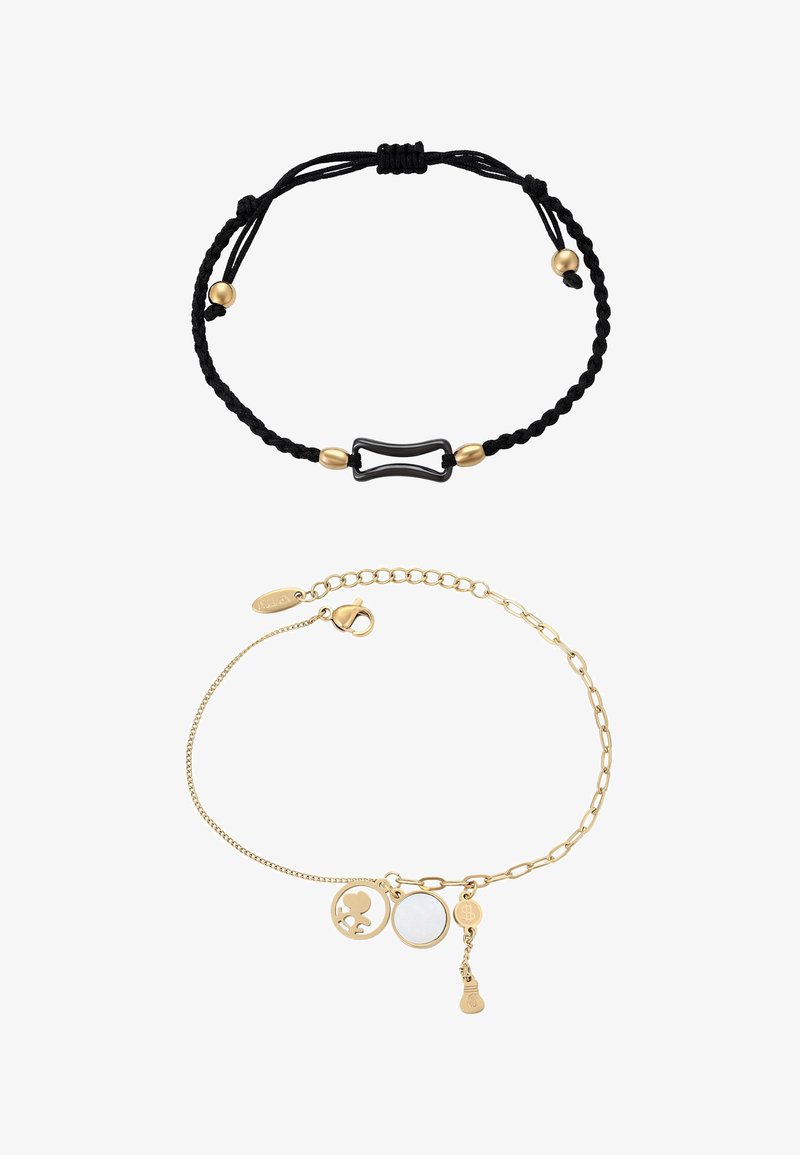 Dwie bransoletki: jedna czarna, pleciona z akcentami z koralików złotych i czarnych, druga złoty łańcuszek z okrągłymi i gitarowymi zawieszkami oraz zapięciem na karabińczyk.