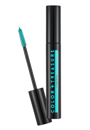 Black mascara tube with turquoise-green bristle wand coated with mascara, labeled "COLOR TREASURE mascara" in turquoise text.