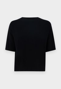 T-shirt noir à manches courtes avec col rond, confectionné en tissu doux, avec une coupe décontractée et un design épuré et minimaliste.