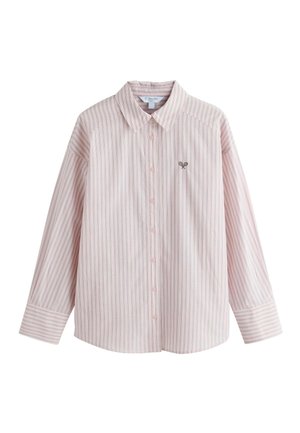 Light pink long-sleeve button-up shirt with thin vertical stripes and a small embroidered tennis racket logo on the left chest.