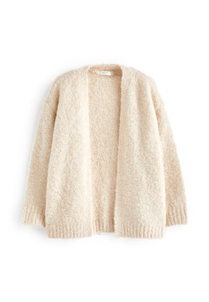 Cardigan crème, ouvert sur le devant, à manches longues, en maille douce, texturée et duveteuse, avec poignets et ourlet côtelés.