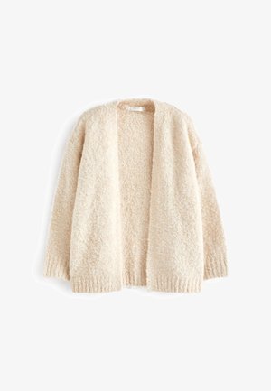 Cremefarvet, åben-front, langærmet cardigan med blød, tekstureret, fluffet strik samt ribstrikkede manchetter og kant.
