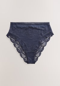 Tumesinised pitsist püksikud lillemustriga, tekstuurse vöökohaga ja sakilise servaga, ühendades siledad ja õrnad pitsmaterjalid.