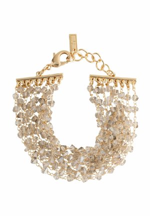 Gold-toned bracelet with multiple strands of clear faceted beads, featuring a lobster clasp and chain extension for adjustability.