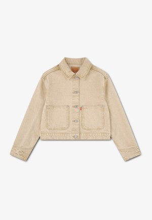 Beige cropped denimjakke med knaplukning foran, to store forlommer og en klassisk krave.