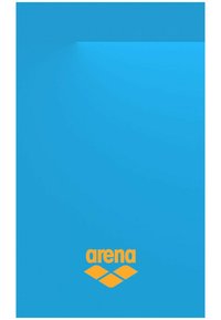 Sfondo blu brillante con un grande logo "arena" arancione in basso, caratterizzato da forme a diamante. Finitura opaca testurizzata. Design semplice.