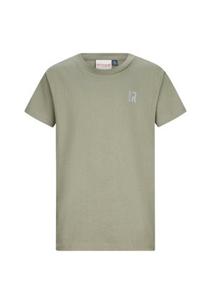 Kaki groene katoenen T-shirt met korte mouwen, met een klein wit "RETOUR" logo op de bovenste linkerborst en een ronde hals.