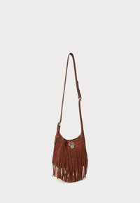 Brown suede shoulder bag with fringe detailing, silver hardware clasp, and an adjustable strap. Curved shape with a soft texture.