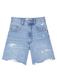 Ljust blå denimshorts med hög midja, med slitna detaljer, fransad kant och klassisk femfickdesign.