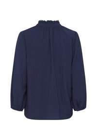 Blusa blu navy in tessuto testurizzato e stropicciato. Presenta un colletto a volant alto e maniche lunghe con polsini elasticizzati.