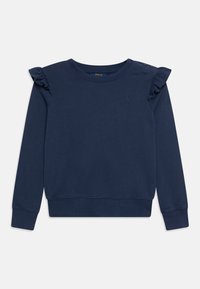 Sudadera de manga larga azul marino con detalles de volantes en los hombros y tres botones en el hombro izquierdo, que presenta un pequeño logo bordado.