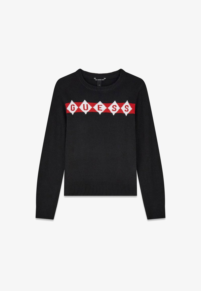 Pull noir à manches longues avec une bande rouge sur la poitrine ornée de losanges blancs formant le mot "GUESS" en lettres rouges.