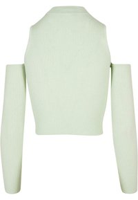 Mintsgrüner, verkürzter Pullover mit gerippter Textur, langen Ärmeln und offenem Schuldesign. Verfügt über einen runden Halsausschnitt und eine taillierte Silhouette.