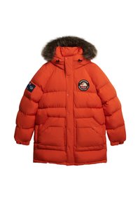 Lys orange pufferjakke med en hætte foret med faux pels, prydet med et logo-patch, trykknaplukninger og frontlommer.