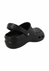 Black plastic clogs with a back strap, featuring ventilation holes and a textured sole for grip. Rounded design with a smooth finish.