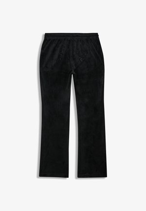 Pantaloni felpati neri con taglio dritto, dotati di una comoda vita elastica e decorati con dettagli in strass.