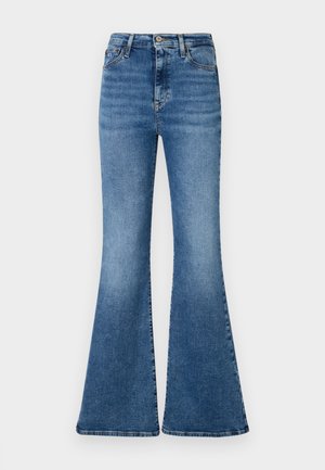 Uitlopende blauwe jeans gemaakt van denim, met een hoge taille, lichte vervaging en een klassieke vijf-zakkenontwerp.