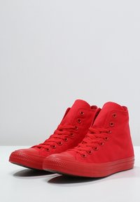 Un paio di sneakers alte in tela rossa con lacci rossi e suole in gomma, posizionate affianco su una superficie bianca.