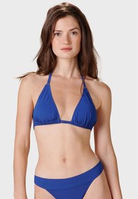 Blue bikini set featuring a triangle top with adjustable straps and a matching low-rise bottom. Smooth fabric with slight texture.