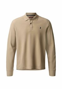 Pikkade varrukatega beež polo särk, mis on valmistatud struktuurse puuvilla segust, klassikalise kraega, kolme nupuga ning väikese tumeda logoga rinnal.