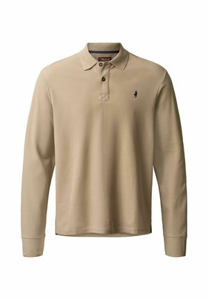 Pikkade varrukatega beež polo särk, mis on valmistatud struktuurse puuvilla segust, klassikalise kraega, kolme nupuga ning väikese tumeda logoga rinnal.