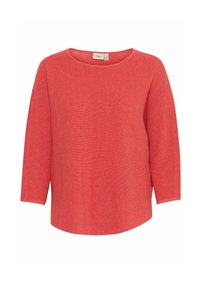 Pull en tricot corail avec décolleté bateau, manches trois-quarts et coupe ample. Tissu texturé avec un motif en côtes.