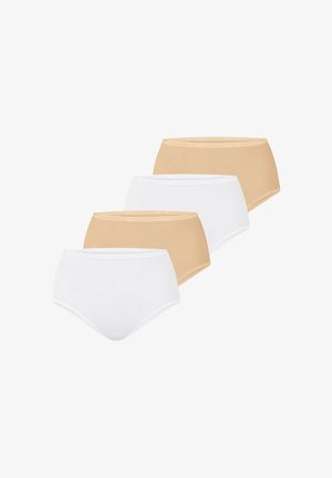 Fire trusse med høj talje, skiftevis hvide og beige farver, vist mod en hvid baggrund, arrangeret diagonalt fra forside til bagside.