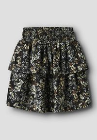 Melna ziedu raksta svārki ar rūtainu vidukļa joslu un divām kārtainām volānām. Rakstā ir zaļas, brūnas un baltas krāsas toņi.