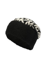 Bonnet en tricot noir avec une texture pelucheuse, présentant un motif géométrique blanc sur le bord. Forme arrondie, matériau doux.