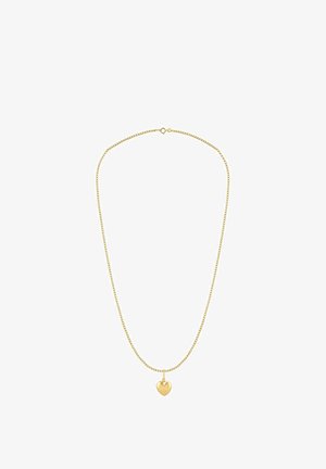 Goldkette mit einfachem Herzanhänger. Die Kette hat ein filigranes Muster und das Herz eine glatte, polierte Oberfläche.