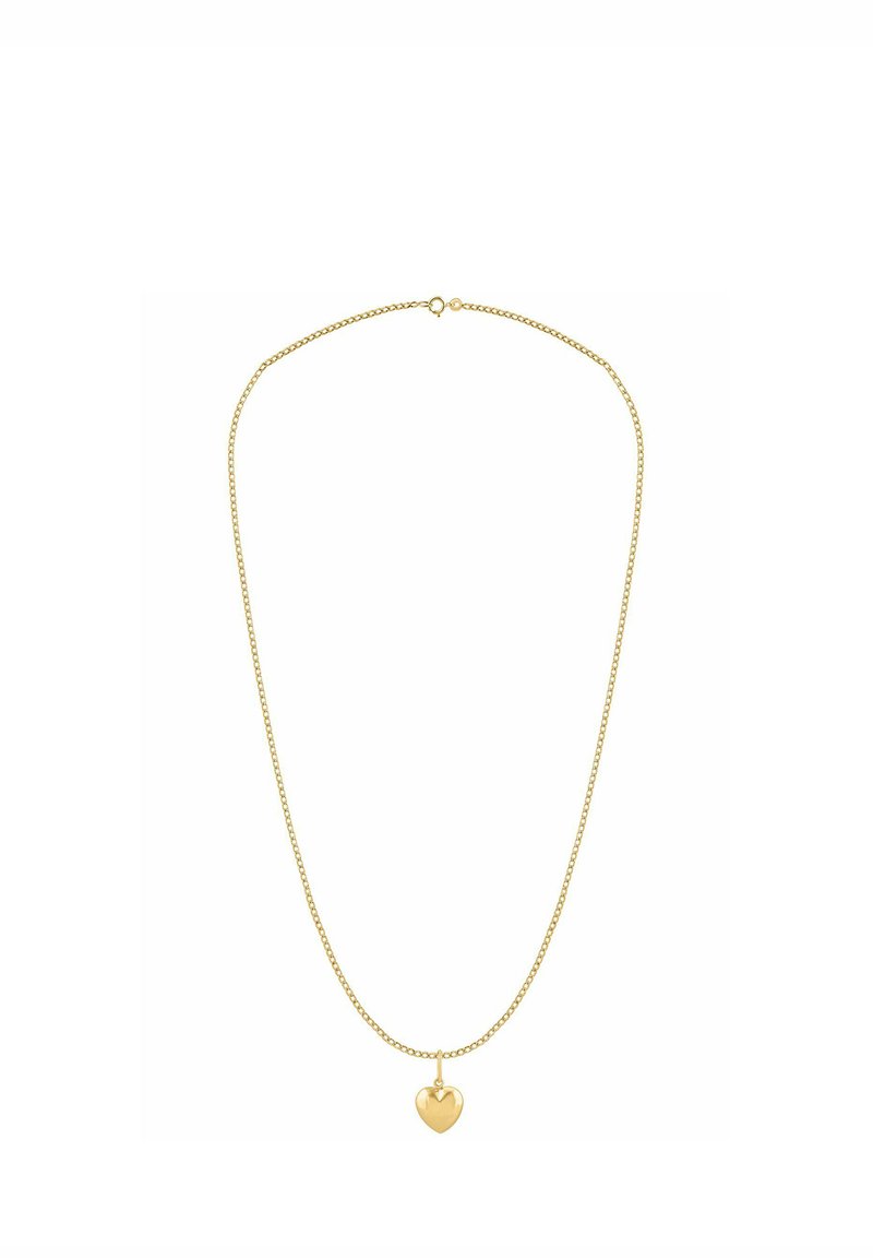Collar de cadena de oro con un sencillo colgante de corazón. La cadena tiene un patrón delicado con un acabado liso y pulido en el corazón.